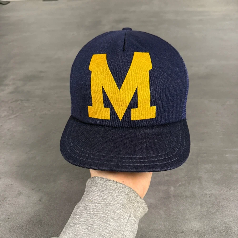 Vintage Michigan Wolverines Snapback Hat Trucker Cap Navy Blue Big Logo USA Made